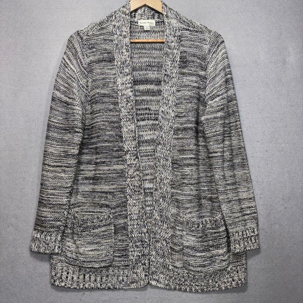 Studio Works Cardigan 1X Gray Silver Metallic Marled Cozy Classic Soft Cottage‎